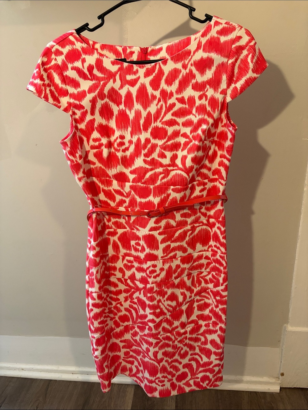Alyx Coral Pink Floral Sheath Dress Cap-Sleeve Printed Midi Dress Belted